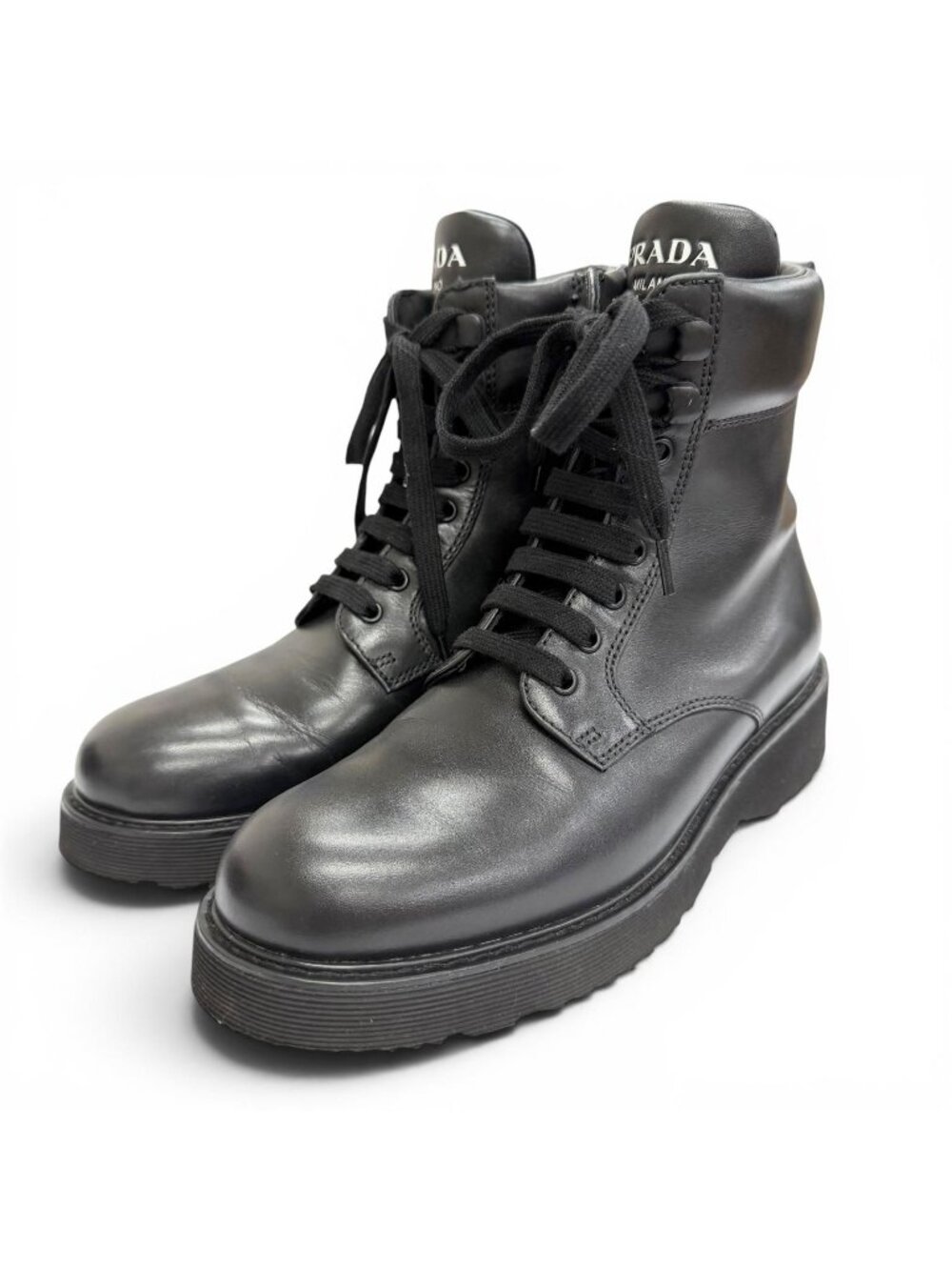 Prada Leather Logo Side Zip Lace Up Short Boots Ankle Black